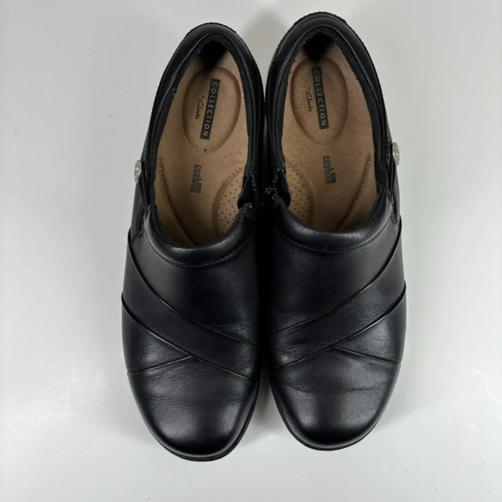Clarks Channing Ann Women's US 11W Black Leather Comfort‎ Slip-On Wedge Loafers